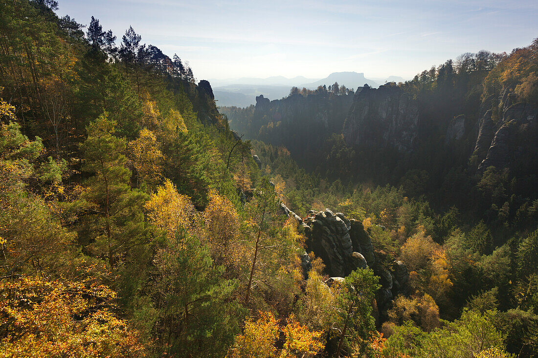 View over Wehlgrund to Bastei rocks, Lilienstein in the background, National Park Saxon Switzerland, Elbe Sandstone Mountains, Saxony, Germany