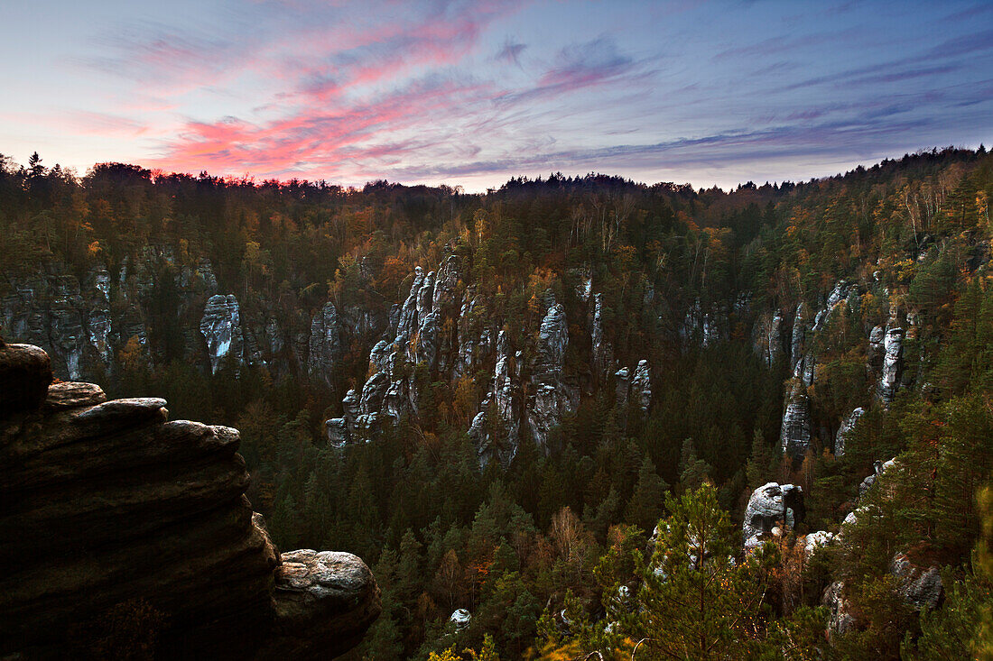 Abendstimmung am Wehlgrund, Nationalpark Sächsische Schweiz, Elbsandsteingebirge, Sachsen, Deutschland