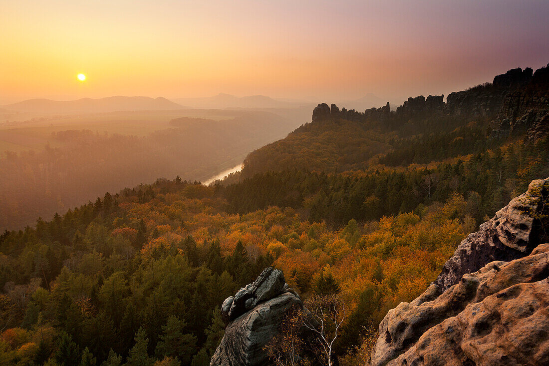 View to the Elbe river and Schrammsteine, National Park Saxon Switzerland, Elbe Sandstone Mountains, Saxony, Germany