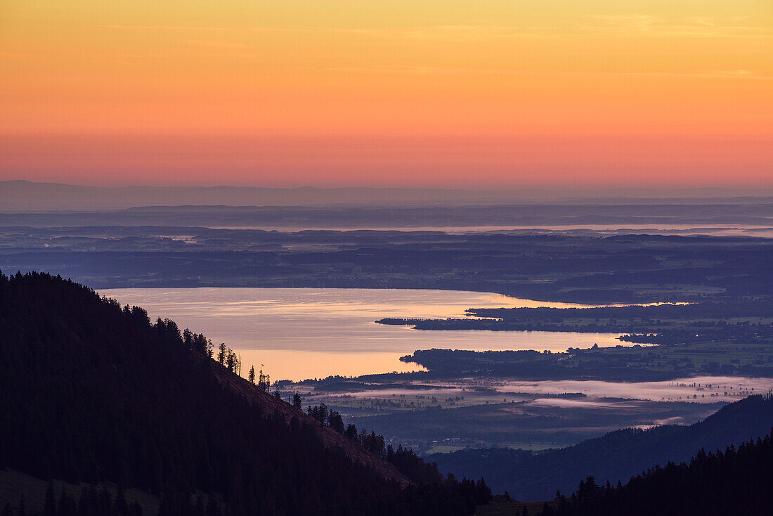 View from Hochries to lake Chiemsee, Hochries, Chiemgauer Alps, Chiemgau, Upper Bavaria, Bavaria, Germany