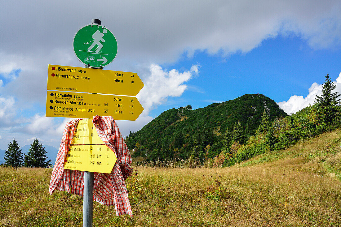 Signpost beneath Hoerndlwand, Hoerndlwand, Chiemgauer Alps, Chiemgau, Upper Bavaria, Bavaria, Germany