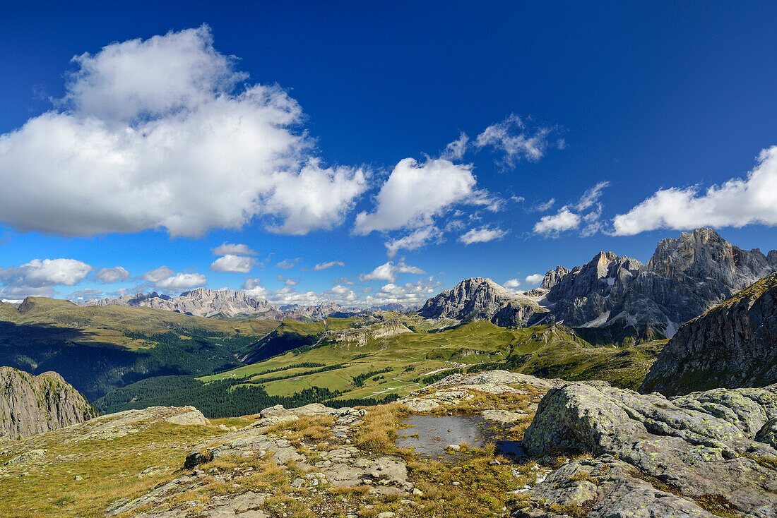 View towards Marmolata and Pala range, Trans-Lagorai, Lagorai range, Dolomites, UNESCO World Heritage Site Dolomites, Trentino, Italy