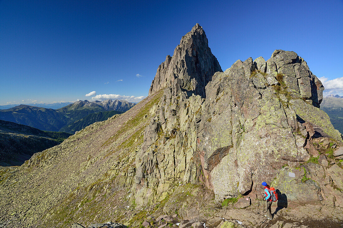 Frau steigt von der Forcella Valon ab mit Latemar-Gruppe im Hintergrund, Trans-Lagorai, Lagorai-Höhenweg, Lagorai, Dolomiten, UNESCO Welterbe Dolomiten, Trentino, Italien