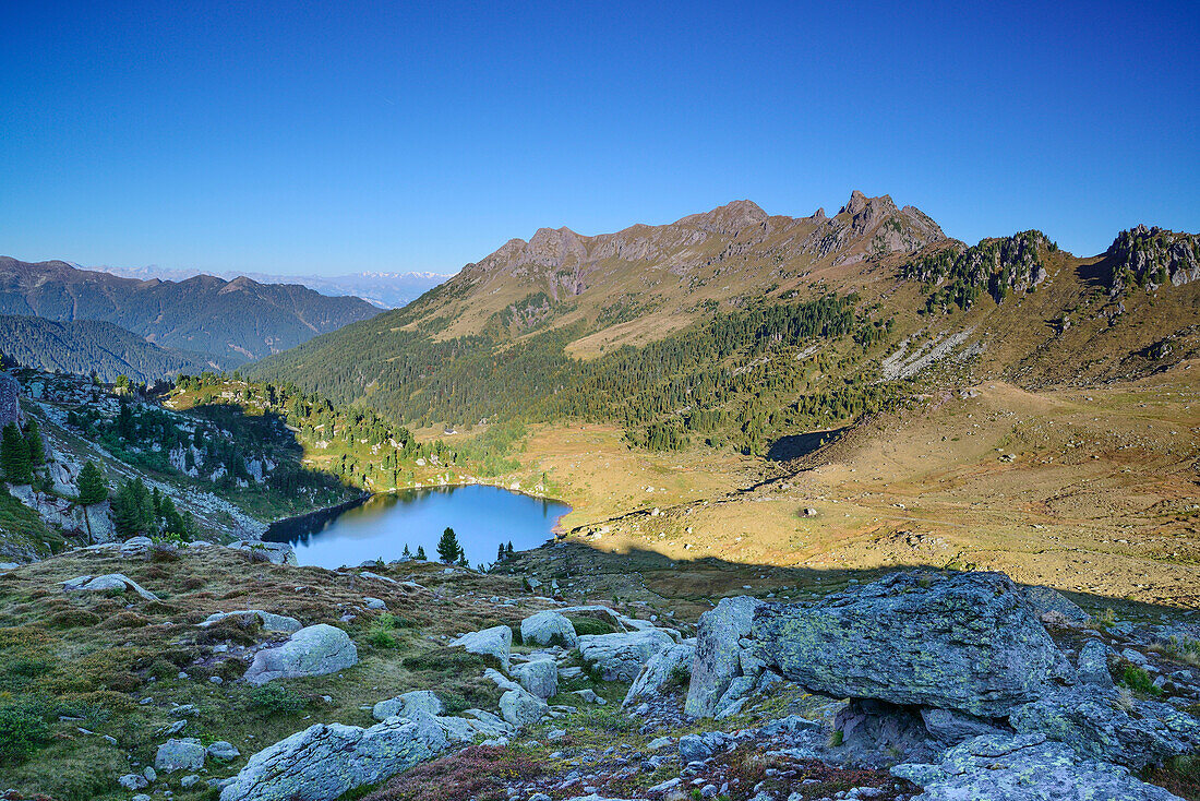 Blick auf Lago delle Stellune, Trans-Lagorai, Lagorai-Höhenweg, Lagorai, Dolomiten, UNESCO Welterbe Dolomiten, Trentino, Italien
