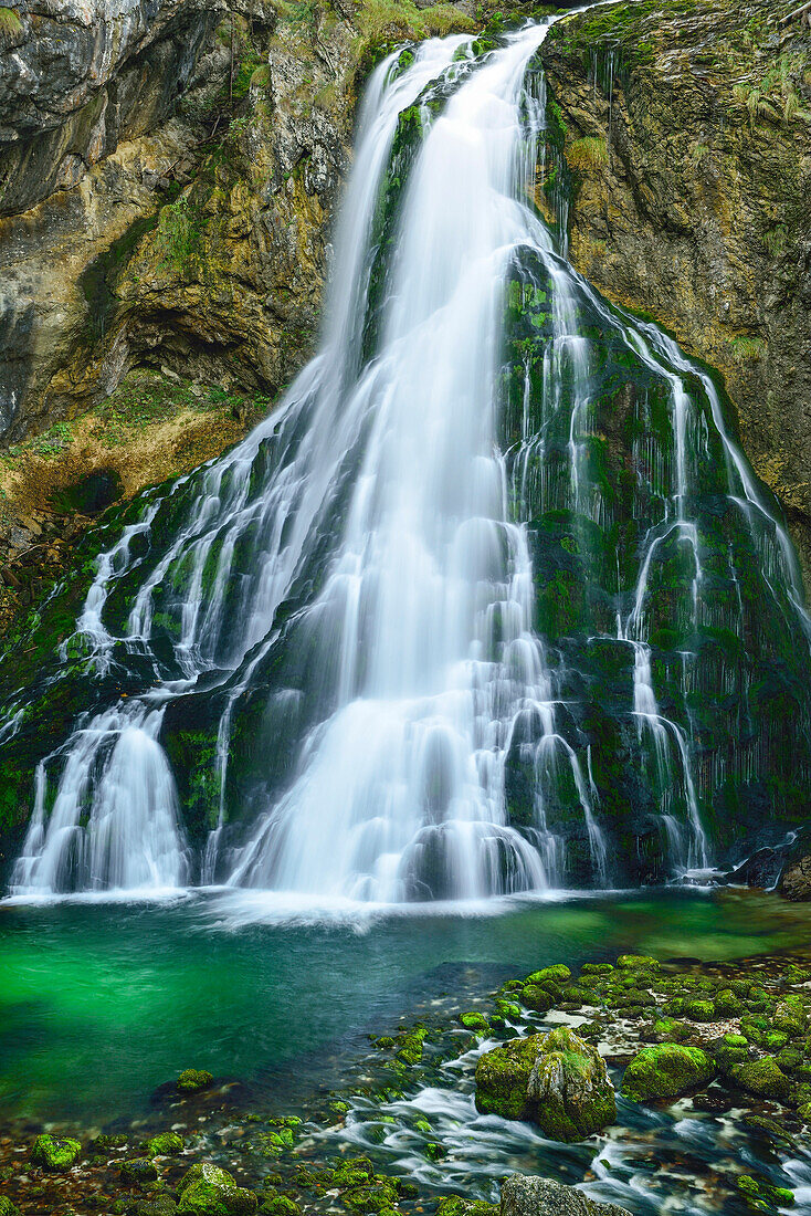 Waterfall cascading in green pond, Gollinger Wasserfall, Golling, Berchtesgaden range, Salzburg, Austria