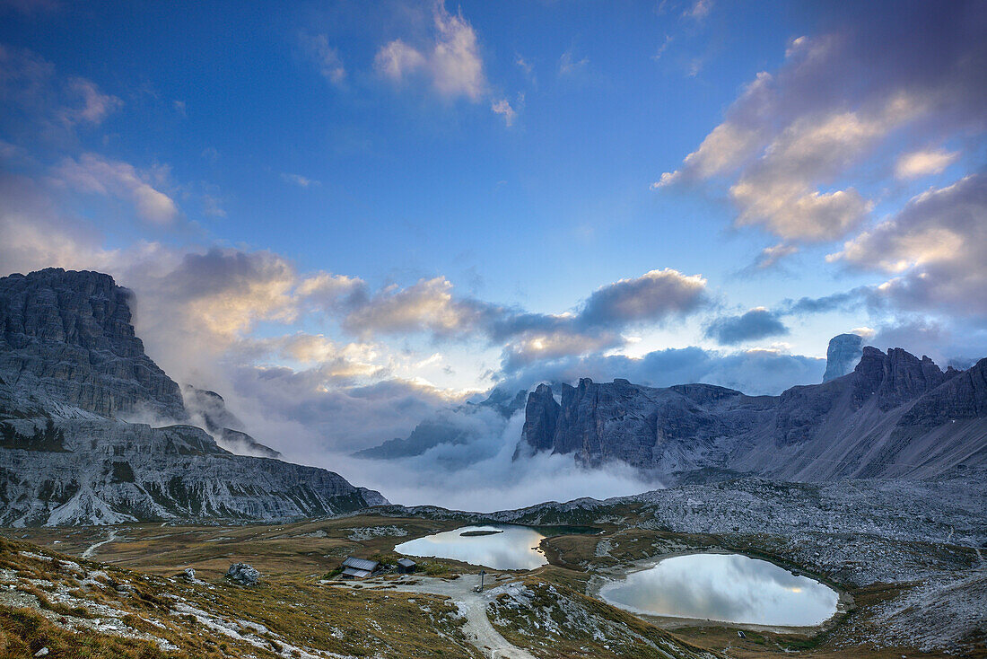 Clouds above lake Boedensee, hut Drei-Zinnen-Huette, Rifugio Antonio Locatelli, Tre Cime di Lavaredo, UNESCO World Heritage Site Dolomites, Sextener Dolomites, Dolomites, Veneto, Italy