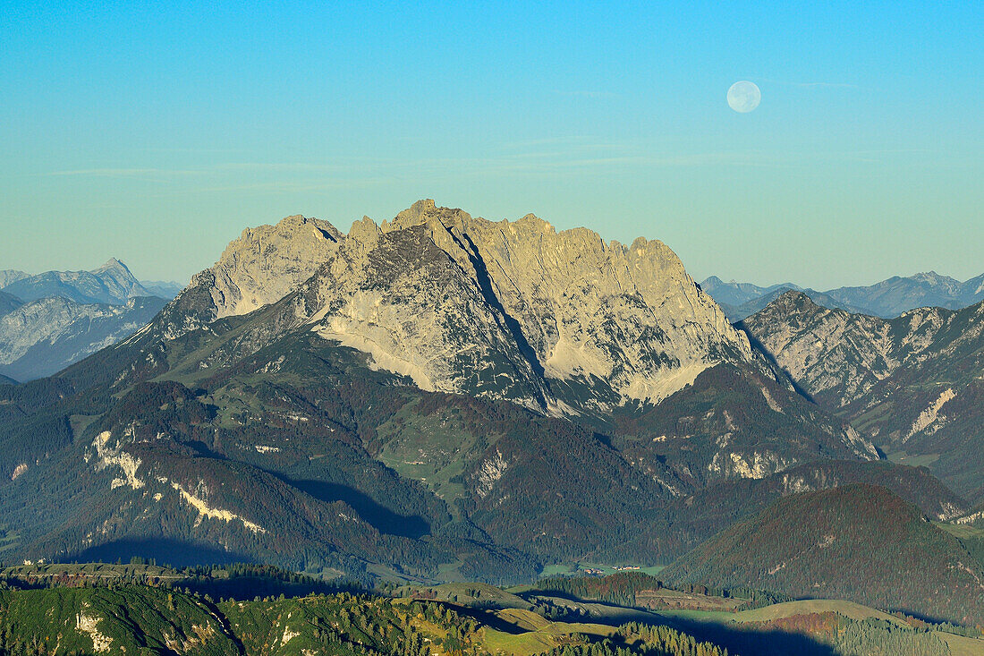 View to Guffert and Kaiser range at full moon, Nurracher Hoehenweg, Loferer Steinberge range, Tyrol, Austria