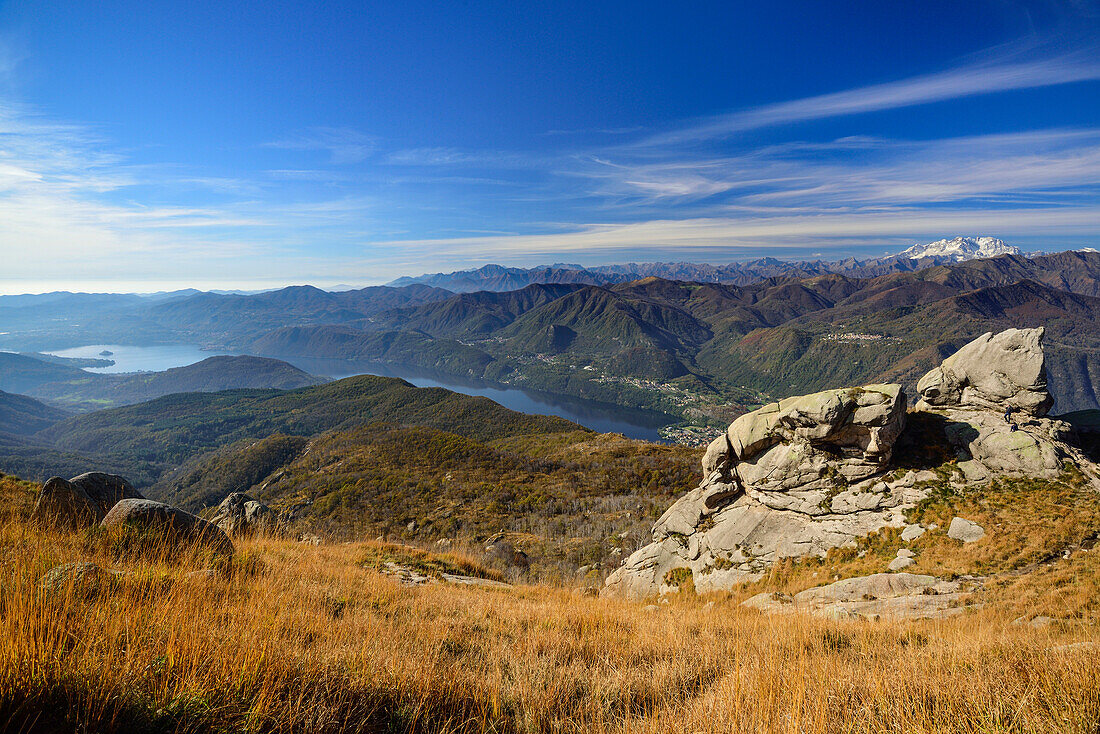 View from rock climbing area on Mottarone to Monte Rosa in Valais, Piedmont, Italy