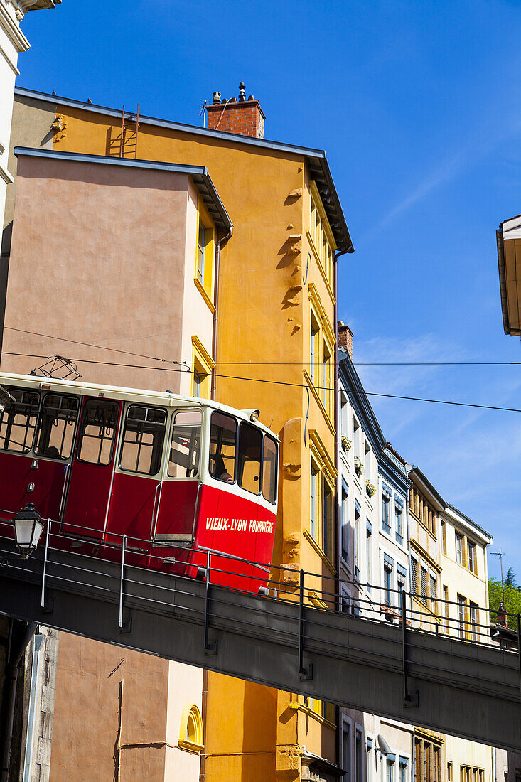 Funicular. France, Rhone, Lyon, historical site listed as World Heritage by UNESCO, Vieux Lyon Old Town.