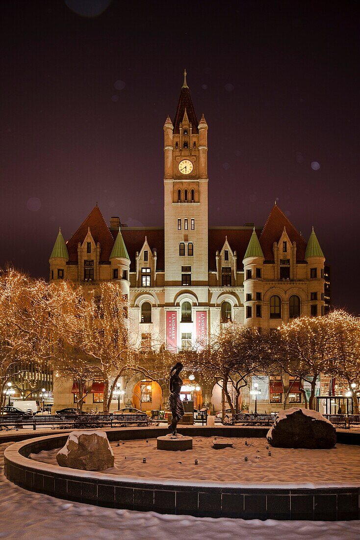 Landmark Center in St. Paul, Minnesota during winter snowfall.