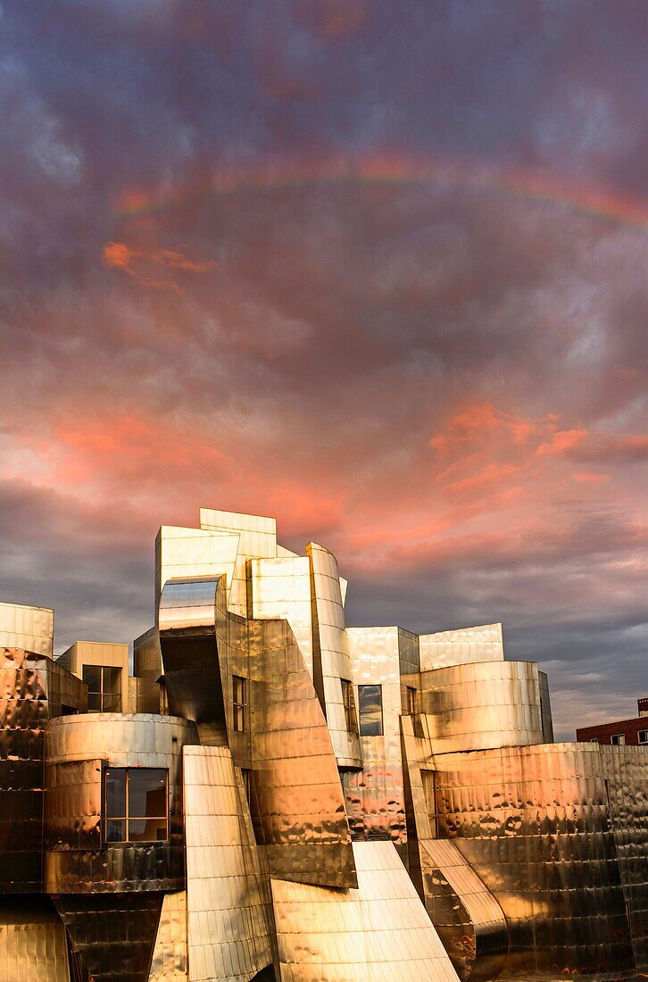 Sunset on the Frederick R. Weisman Art Museum at the University of Minnesota. A stainless steel and brick building designed by architect Frank Gehry, the Weisman Art Museum offers an educational and friendly museum experience.