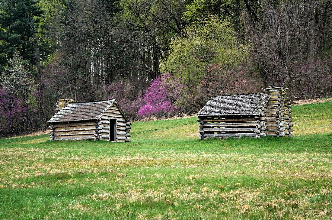 Encampment cabins at Vally Forge National Historic Park, Pennsylvania, USA.