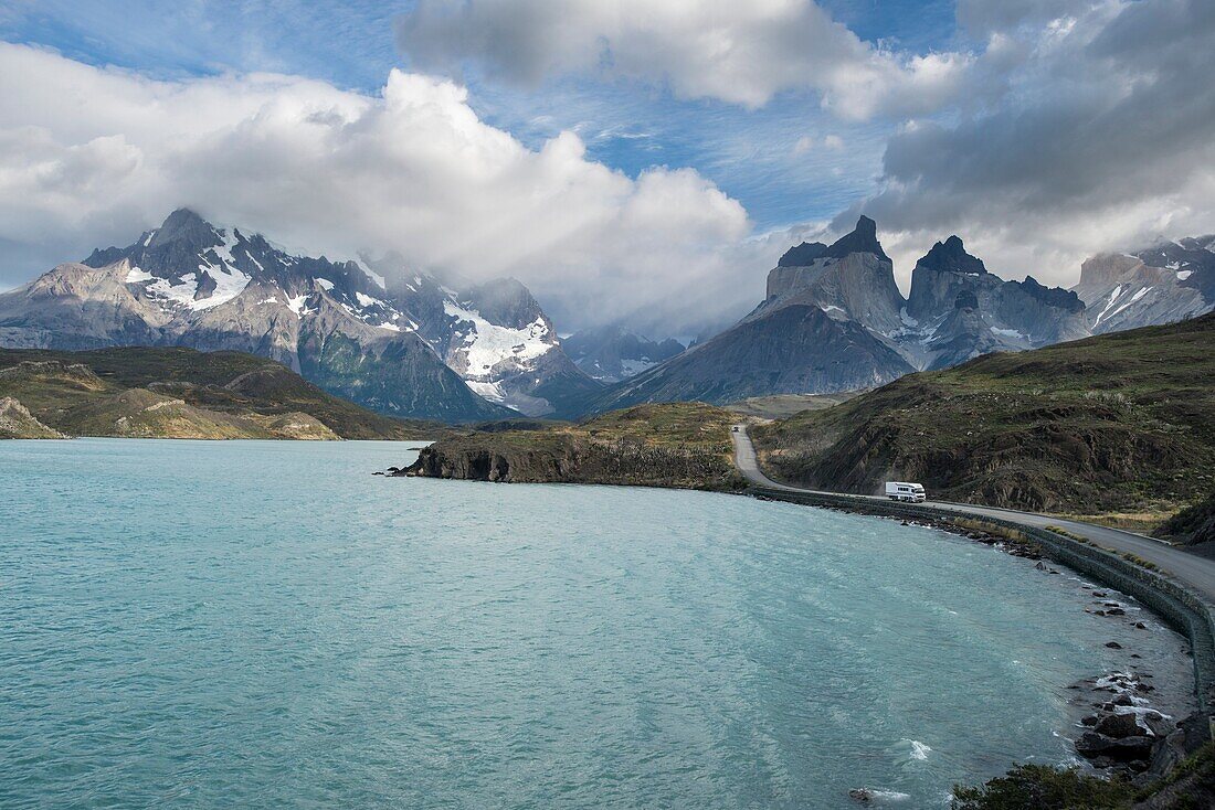 Water way and mountain ranges in Torres del Paine National Park Chile.