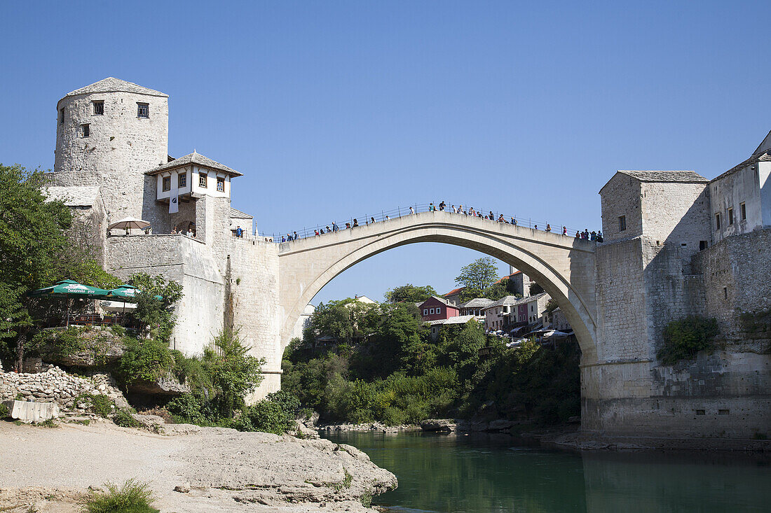 tara tower and the old bridge, mostar, bosnia and herzegovina, europe.