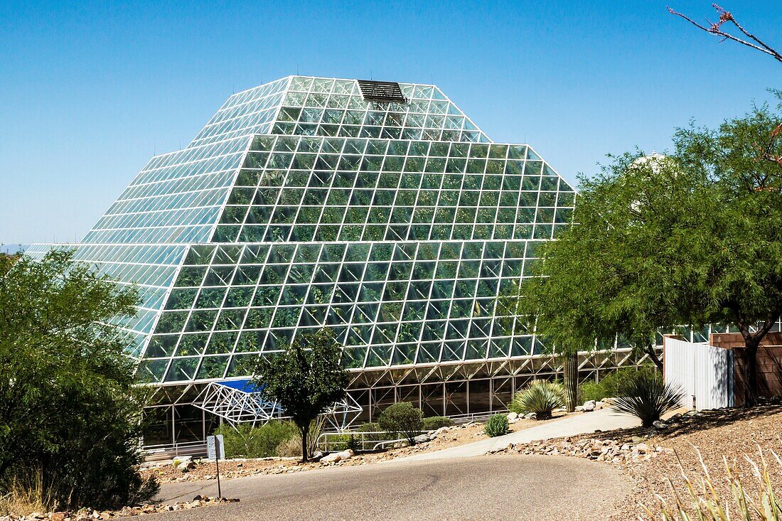 The huge glass Biosphere2 greenhouse near Oracle, Arizona USAis used to study the potential for space colonization.
