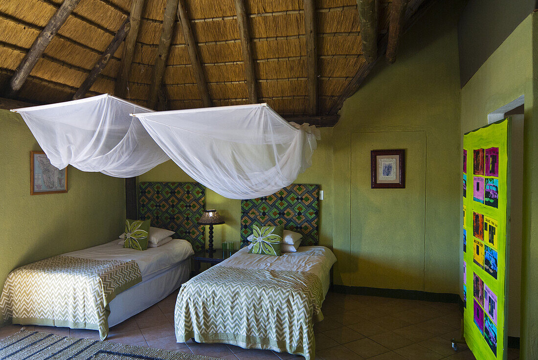 Bedroom, Palmwag Lodge, Damaraland, Kunene Region, Namibia, Africa.