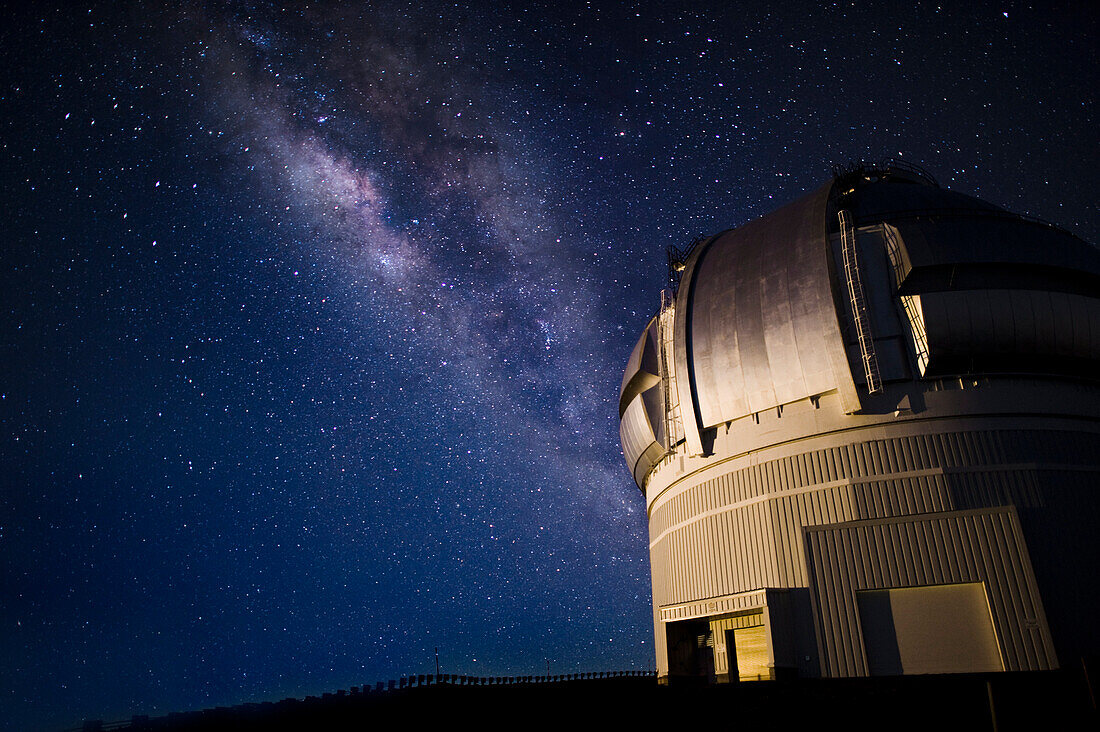 Hawaii, Big Island, Mauna Kea Summit, Gemini Observatory, Milky Way And Starry Sky Above, Low Light Exposure.