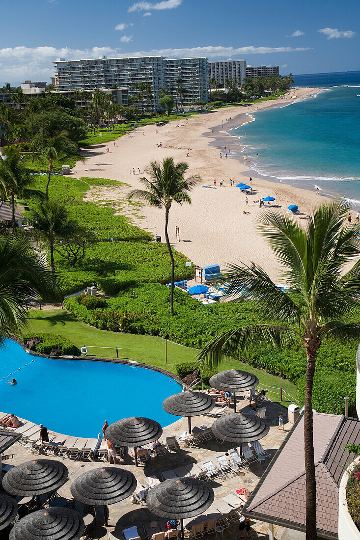 Hawaii, Maui, Kaanapali Beach From Sheraton Hotel, Resort Hotels And People On The Beach.