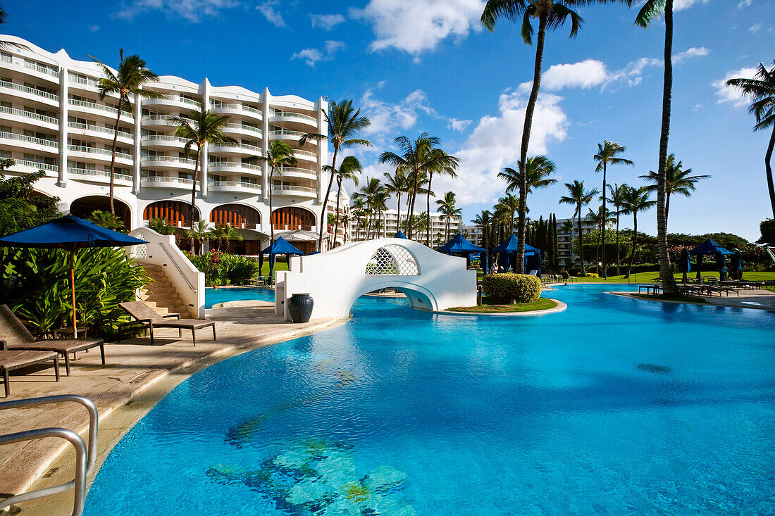 Hawaii, Maui, Wailea, Fairmont Kea Lani Hotel, View Of The Pool With Hotel In The Background.