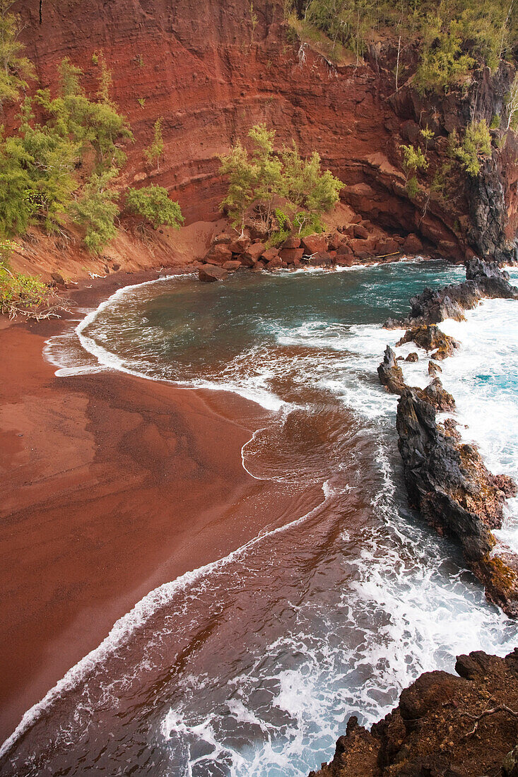 Hawaii, Maui, Hana, Kaihalulu Beach, Scenic Shot Of Hana's Red Sand Beach.