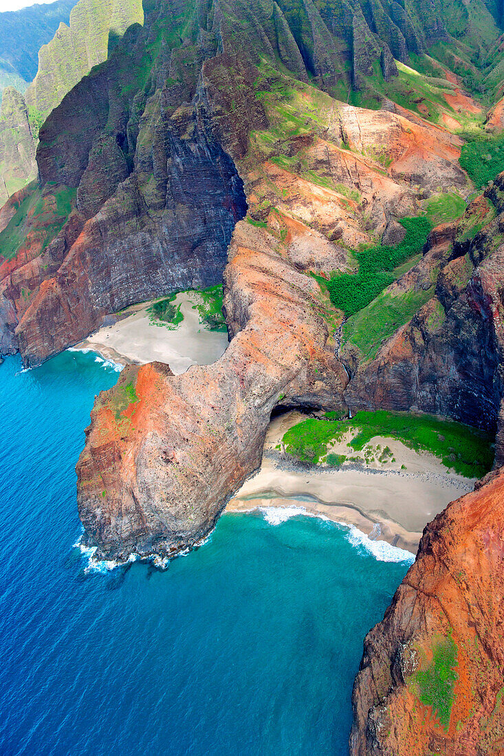 Hawaii, Kauai, Na Pali Coast, Aerial Of Coastal Cliffs And Honopu Beach (Or Cathedral Beach).