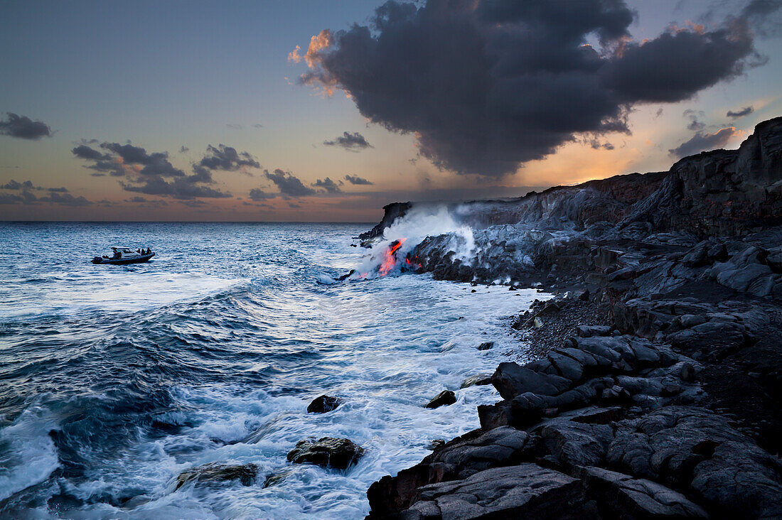 Hawaii, Big Island, Kalapana, Pahoehoe Lava Flowing From Kilauea Reaching The Pacific Ocean.