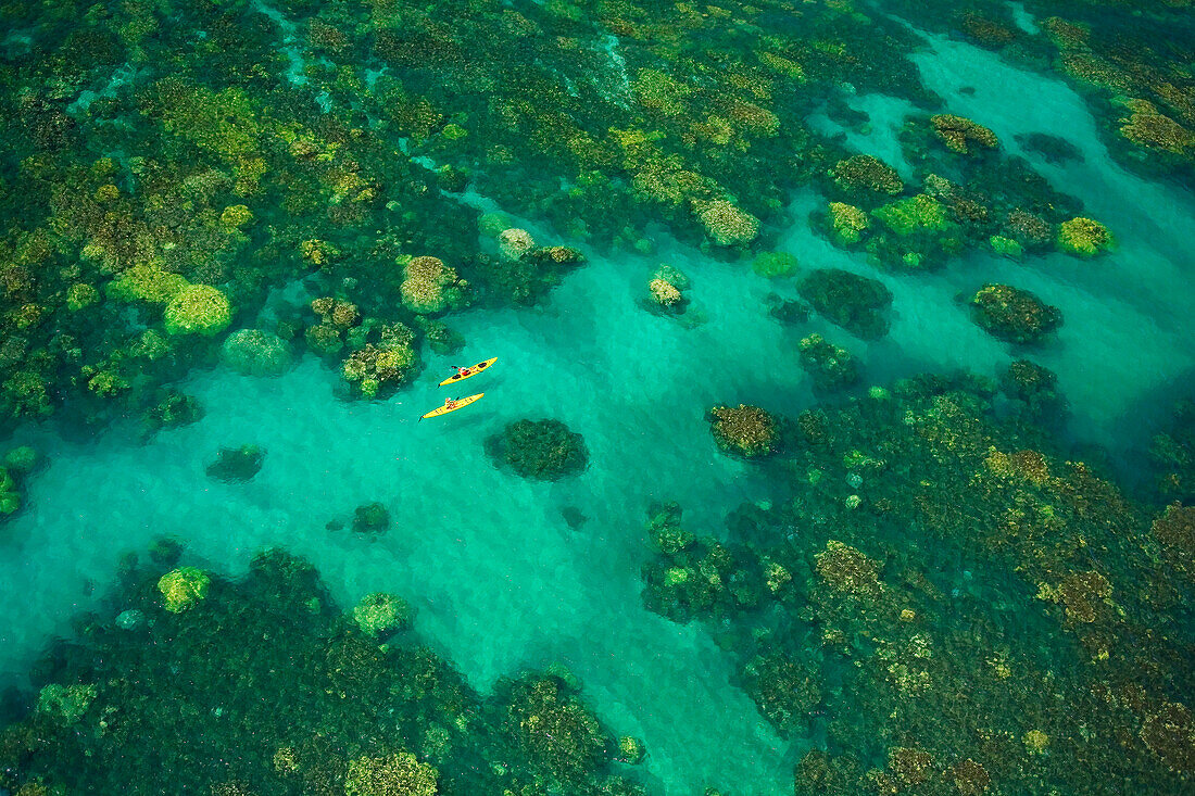 Hawaii, Maui, Aerial Of Two Kayakers On Ocean Over Beautiful Coral Formations Off Olowalu.