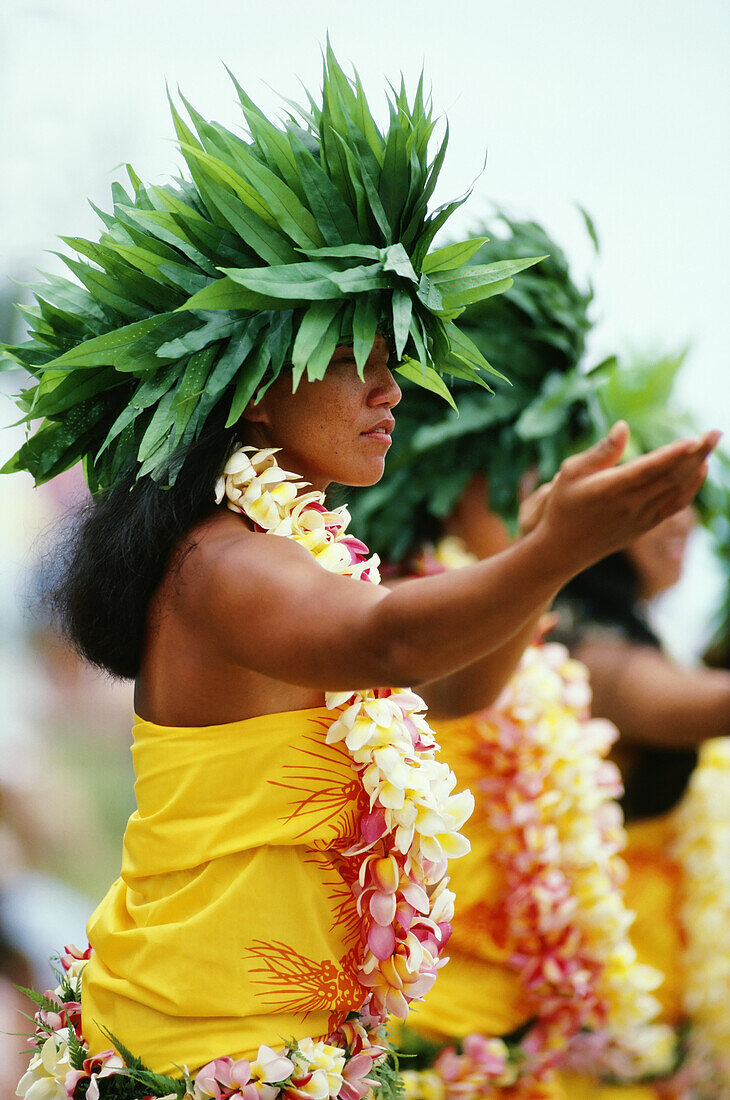 French Polynesia, Bor Bora, Tahitian Dancers In Native Costume, Green Plant Headresses.