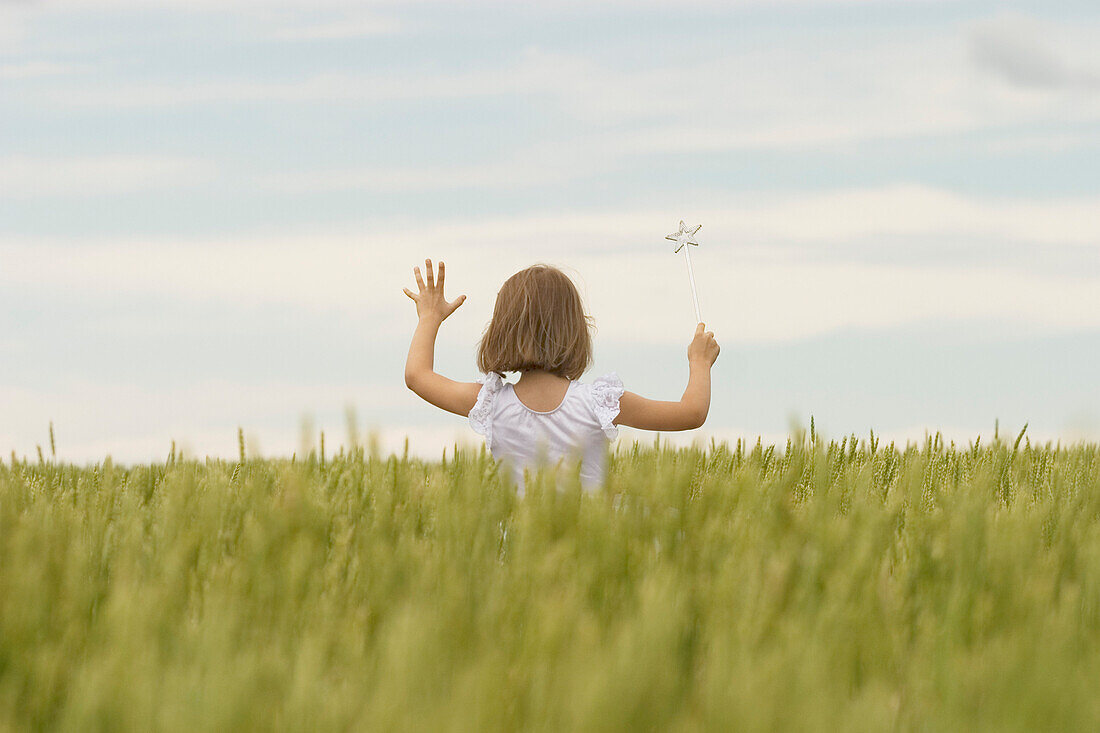 Girl Dressed As Fairy In Wheat Field