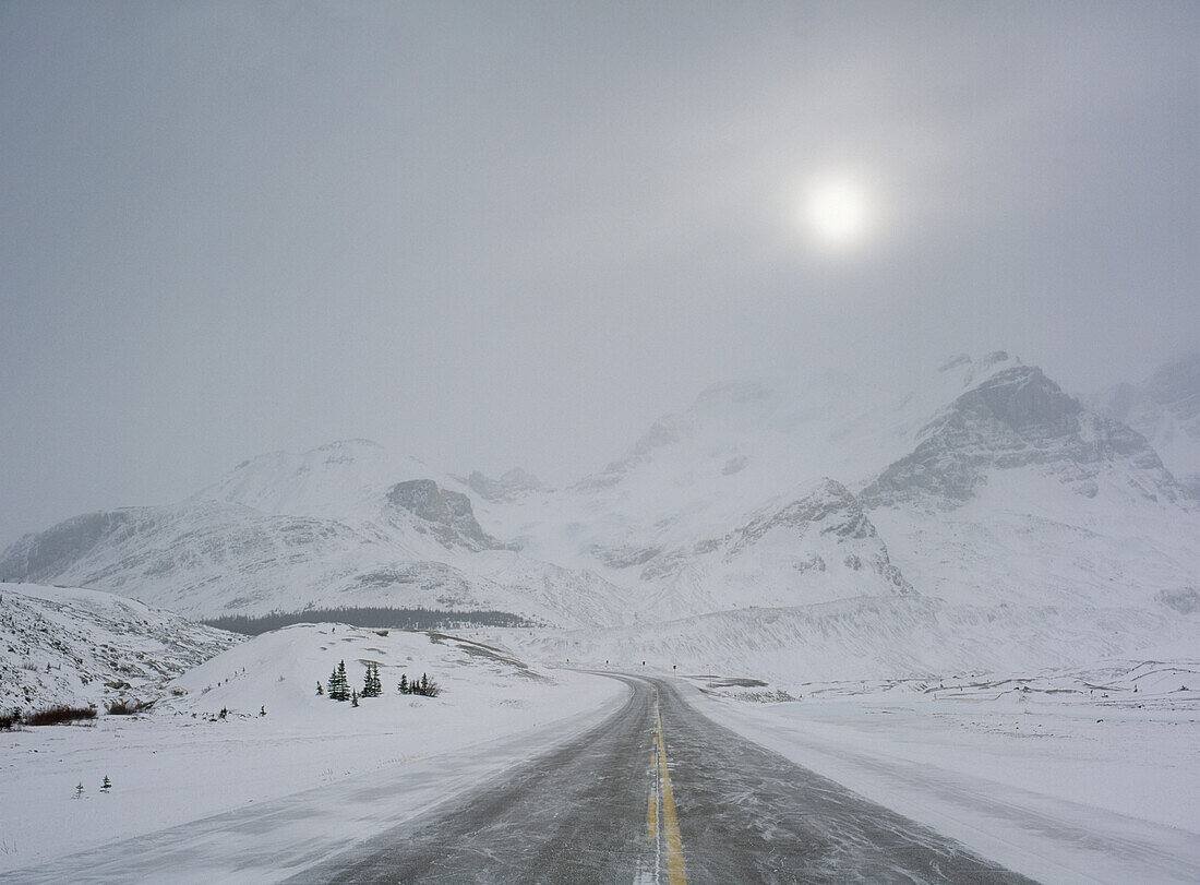 Icefields Parkway (Highway 93) At The Columbia Icefields During Winter, Jasper National Park, Alberta, Canada