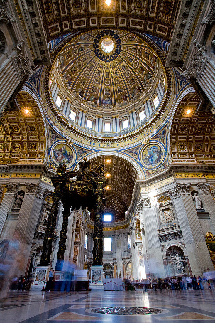 Interior View Of The Dome And Baldachino, Bernini's Baroque Canopy Which Stands Above St Peter's Tomb Inside The Main Building Of Saint Peter's Basilica, Vatican City, Rome