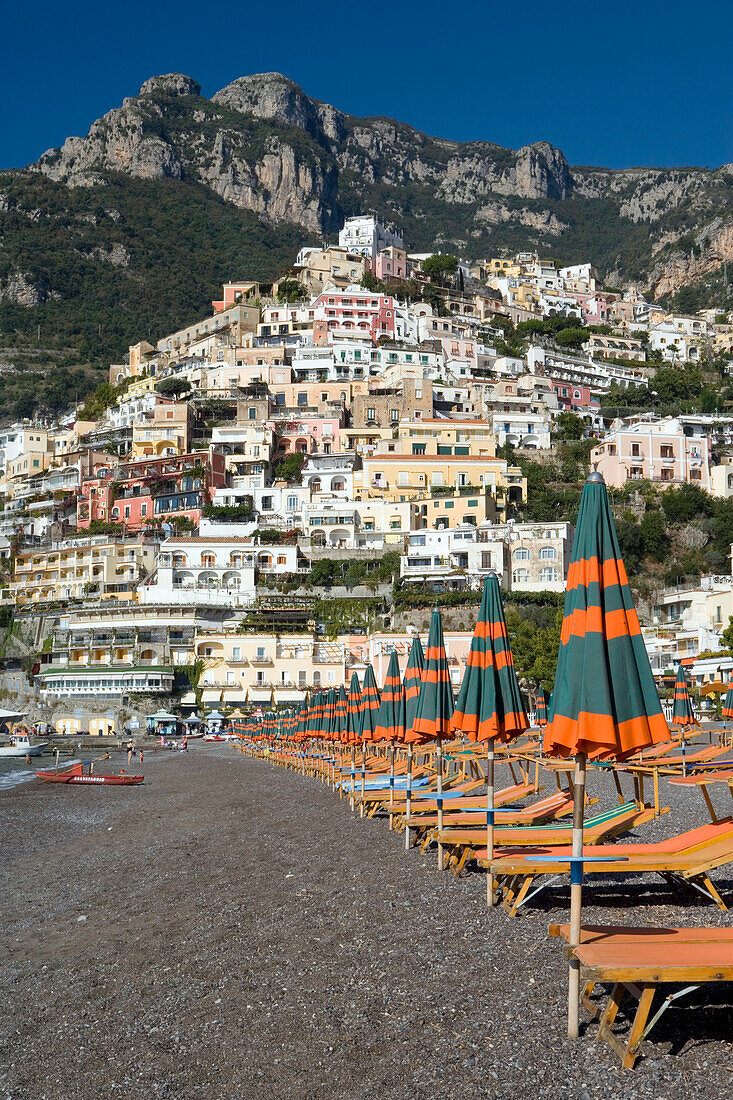 Spiaggia Grande Beach Chairs In Front Of Positano, Amalfi Coast, Italy