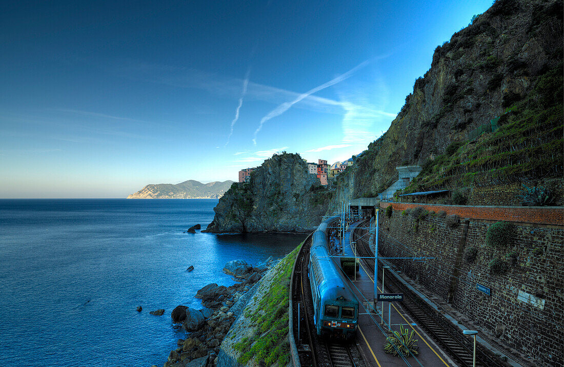 View Of Train Station Looking West Down Ligurian Coast Manarola, Italy