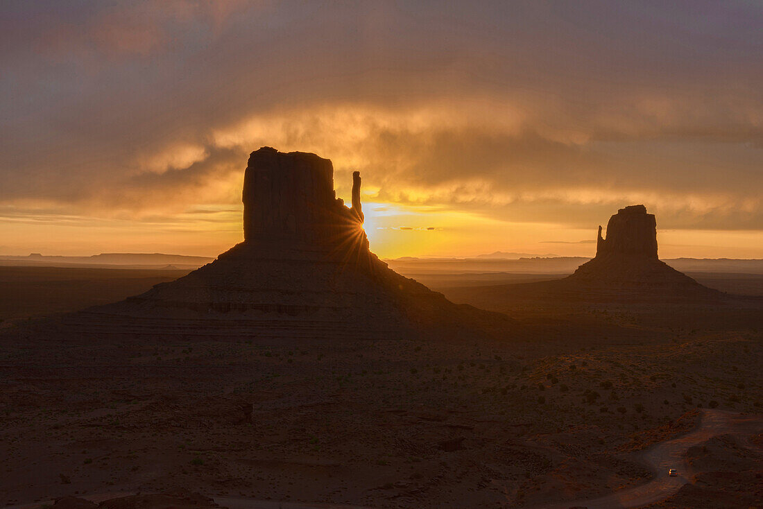 dramatic sunrise at Monument Valley, Arizona-Utah border.