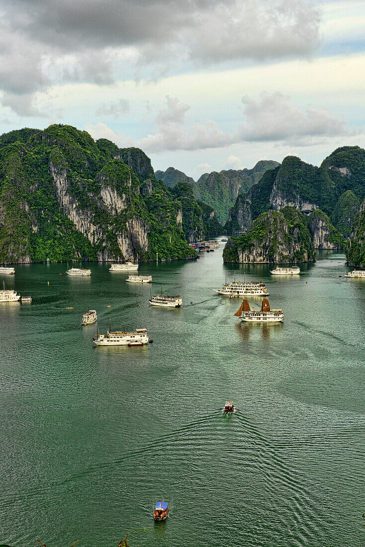 traditional junks sailing in Halong Bay, Vietnam.