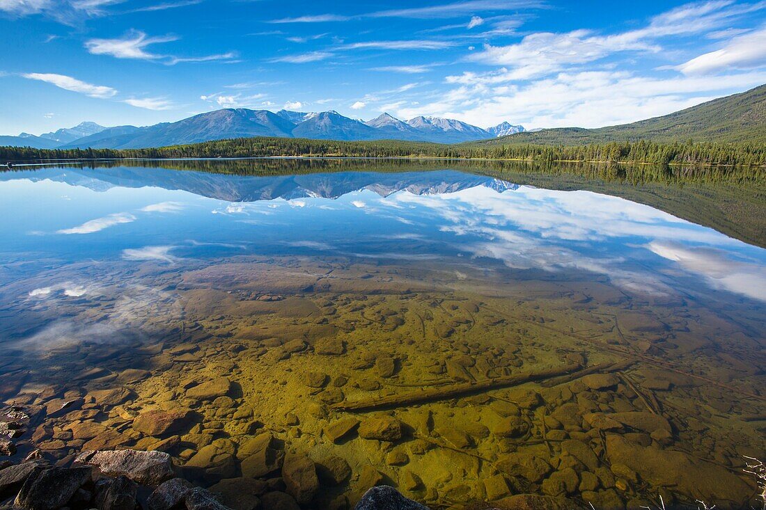 Pyramid Lake and the Canadian Rocky Mountains in the Jasper National Park, Alberta, Canada