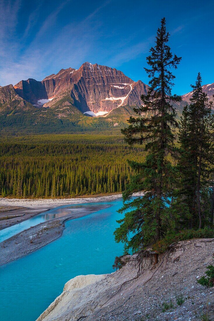 Athabasca River and the Canadian Rocky Mountains in the background, Jasper National Park, Alberta, Canada