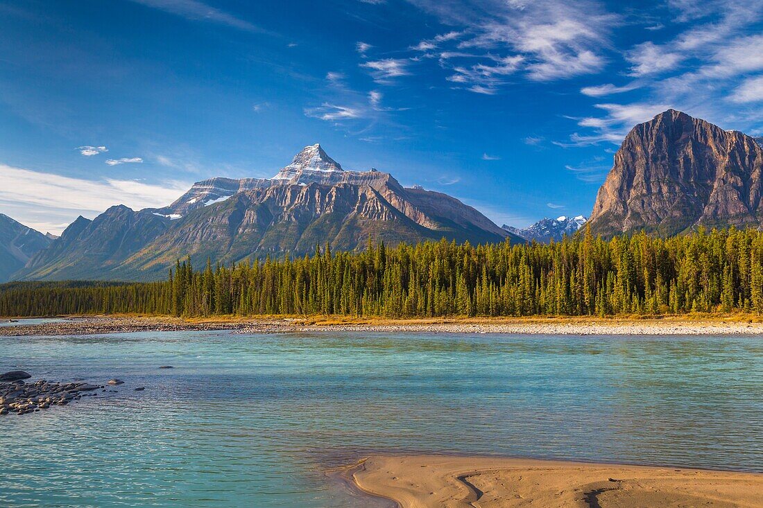 Athabasca River and the Canadian Rocky Mountains in the background, Jasper National Park, Alberta, Canada
