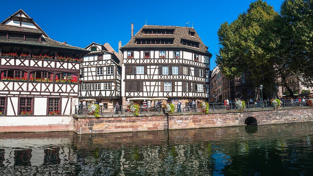 Timbered houses and canal in the quarter Petite France, Strasbourg, Alsace, France, Europe