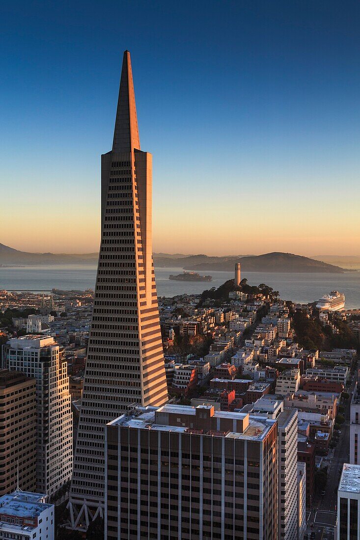 Transamerica Pyramid, Coit Tower and Alcatraz at sunrise, San Francisco, California, USA