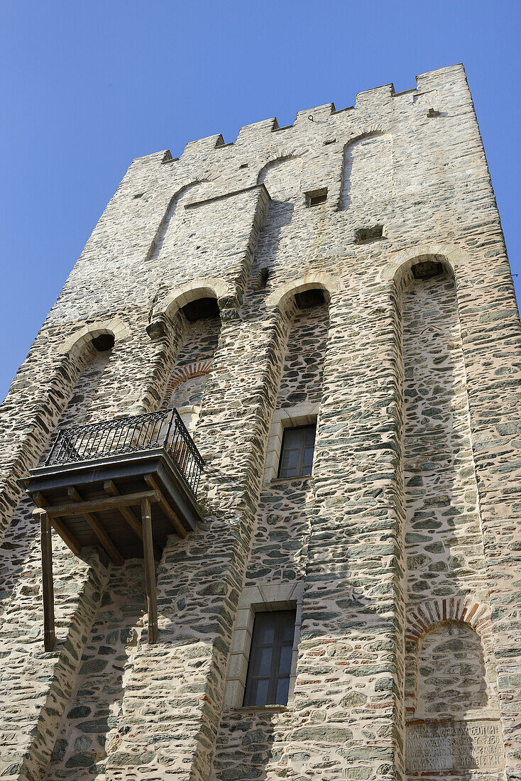 Greece, Chalkidiki, Mount Athos peninsula, World Heritage Site, Agiou Pavlou (St Paul) monastery, Watchtower.