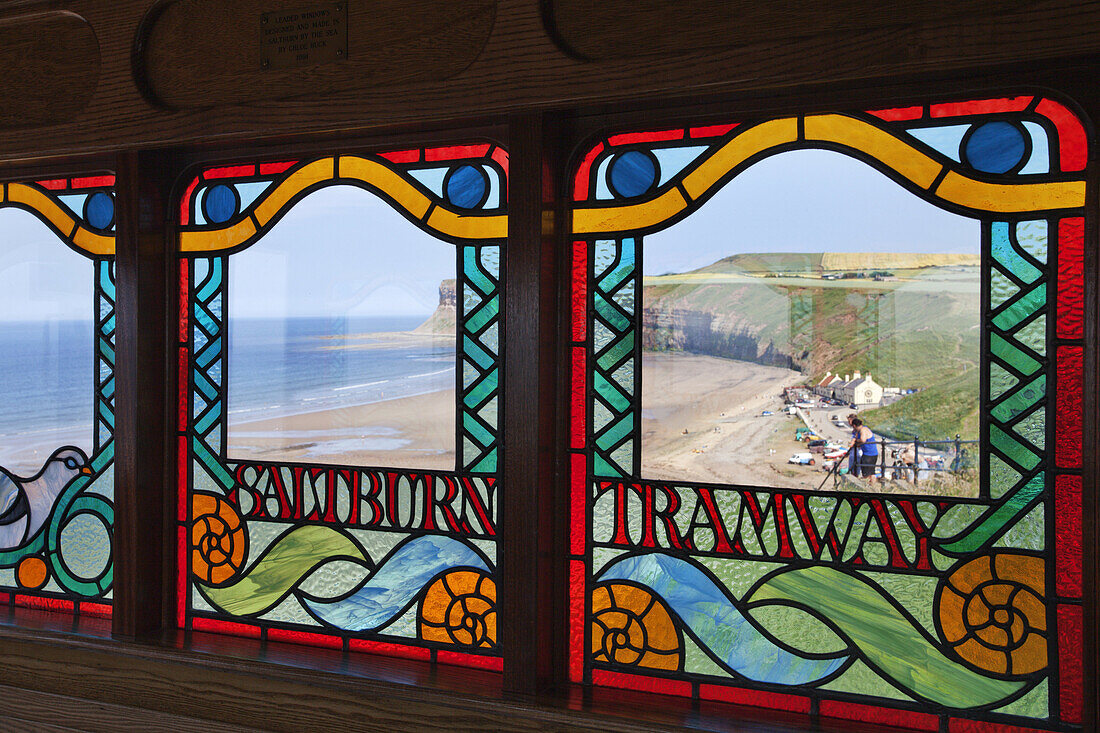 Leaded Stained Glass Windows by Chloe Buck in the Cliff Tramway at Saltburn by the Sea Redcar and Cleveland England.