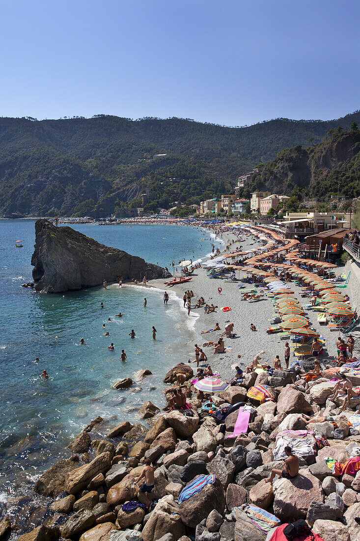 The New Town Beach at Monterosso al Mare Cinque Terre Liguria Italy.