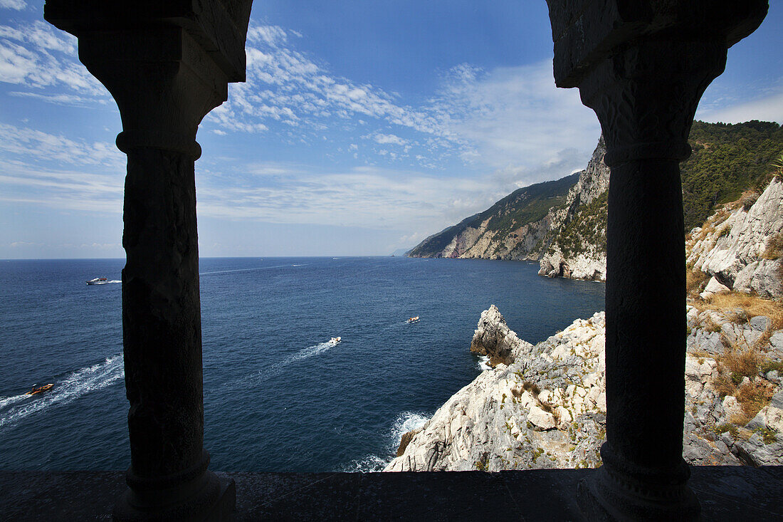 Window View along the Coast from the Church of St Peter at Porto Venere Liguria Italy.