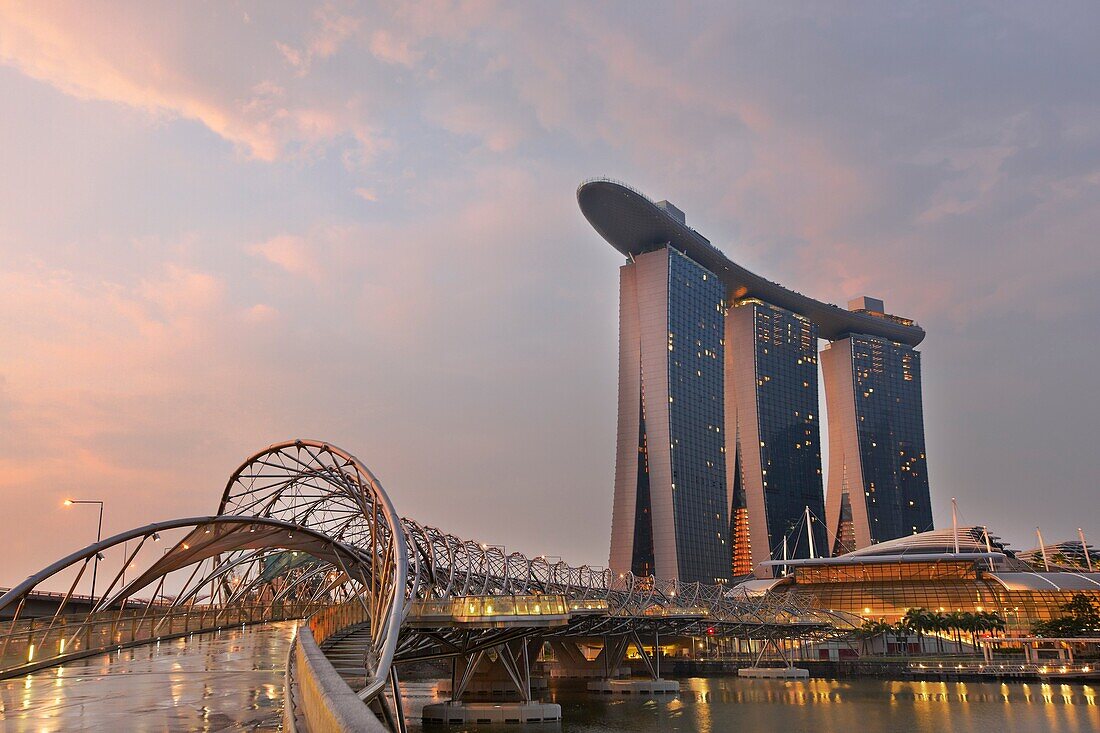 Helix Bridge and Marina Bay Sands Hotel, Singapore.