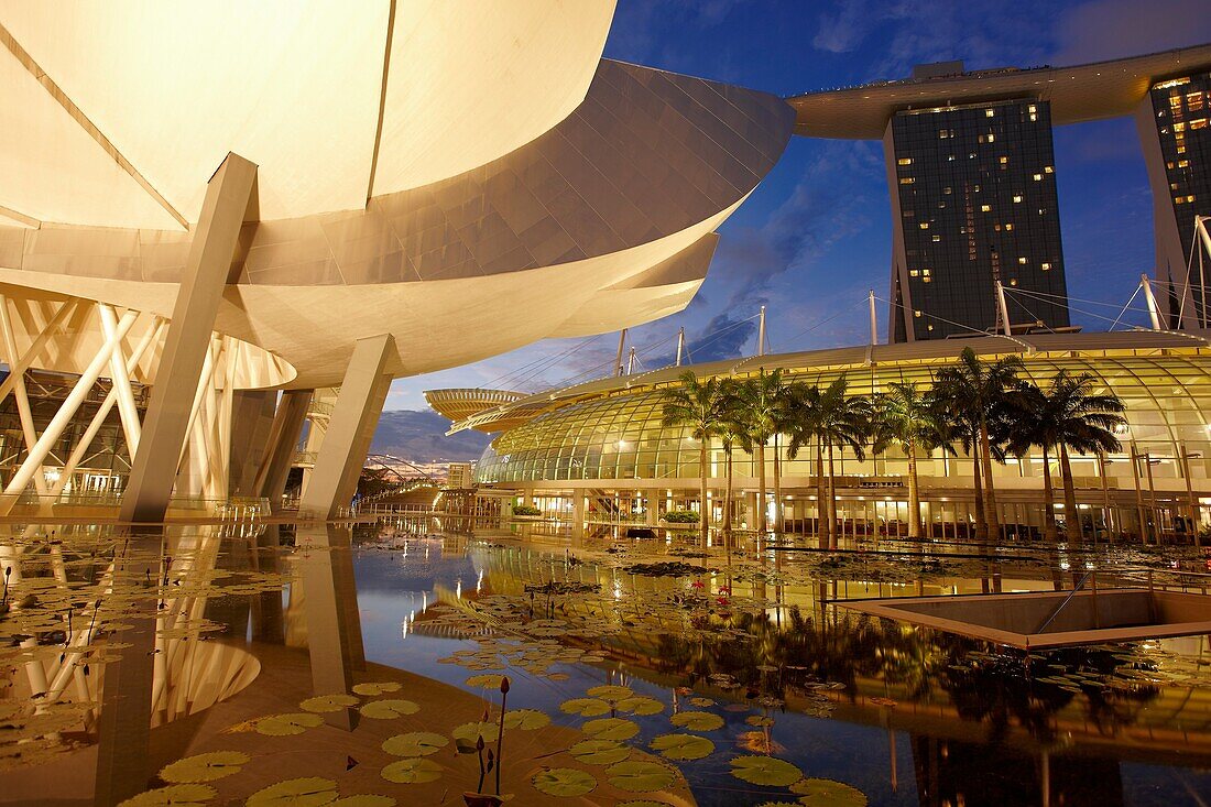 The ArtScience museum and the Shoppes at Marina Bay Sands shopping mall, Singapore.