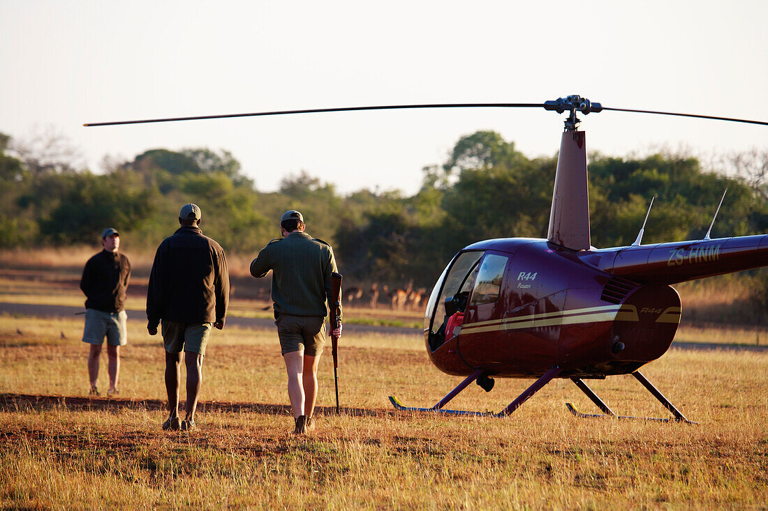 'Veterinarian and pilot boarding a helicopter after Rhinoceros notching, Phinda Private Game Reserve; South Africa'