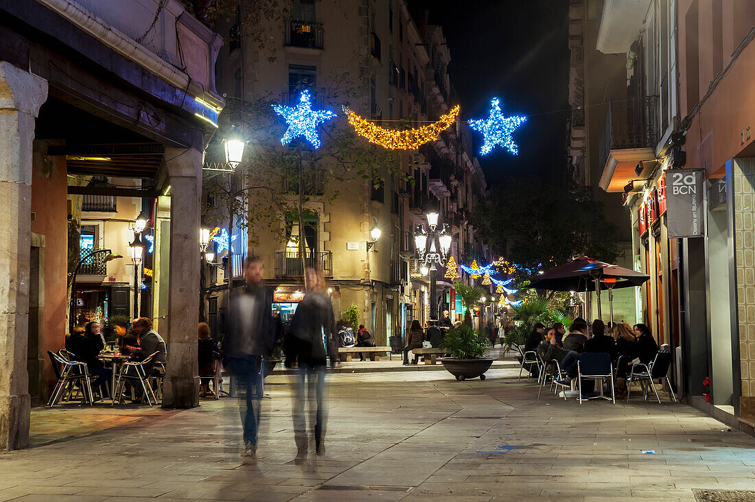 'Christmas lights in Carrer del Rec, El Born; Barcelona, Catalonia, Spain'