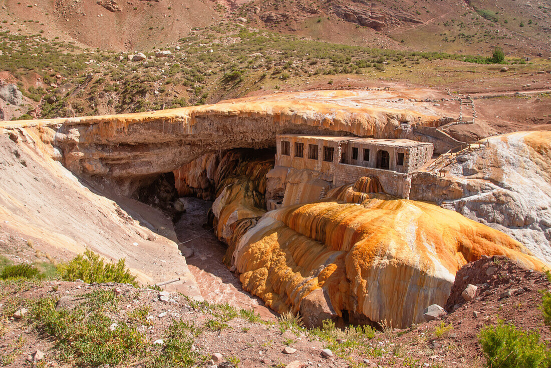 'Colourful hot springs and abandoned building; Mendoza, Argentina'