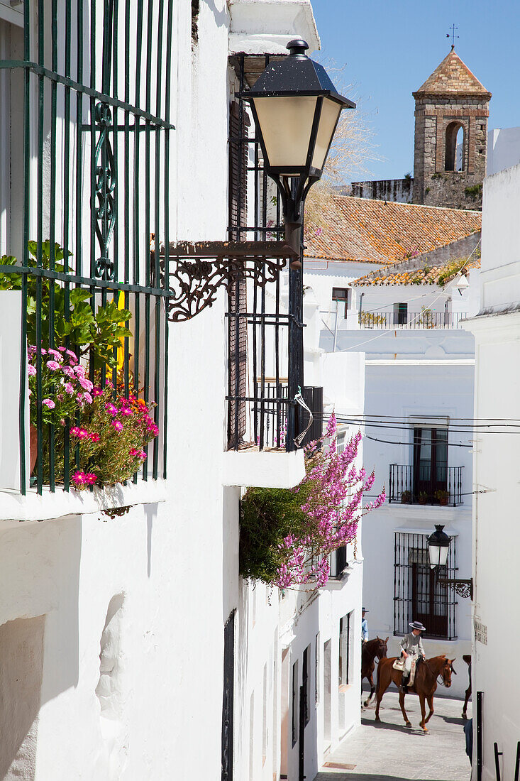 'A horse and rider on a narrow street between whitewashed buildings; Vejer de la Frontera, Andalusia, Spain'